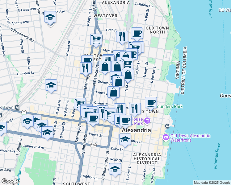 map of restaurants, bars, coffee shops, grocery stores, and more near 400 North Washington Street in Alexandria