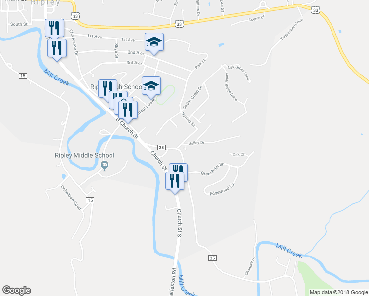 map of restaurants, bars, coffee shops, grocery stores, and more near Fairfax Court in Ripley