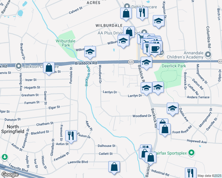 map of restaurants, bars, coffee shops, grocery stores, and more near 7112 Larrlyn Drive in Springfield