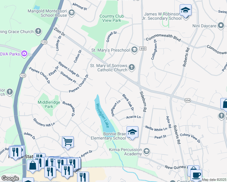 map of restaurants, bars, coffee shops, grocery stores, and more near 5332 Black Oak Drive in Fairfax