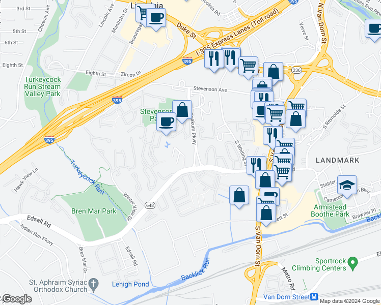 map of restaurants, bars, coffee shops, grocery stores, and more near 6135 Edsall Road in Alexandria