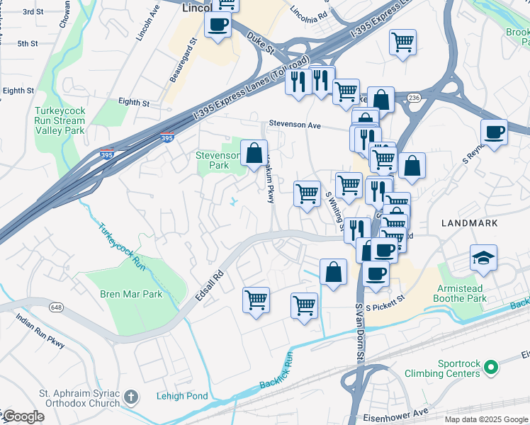 map of restaurants, bars, coffee shops, grocery stores, and more near 6135 Edsall Road in Alexandria