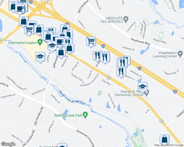 map of restaurants, bars, coffee shops, grocery stores, and more near 6867 Track Court in Haymarket
