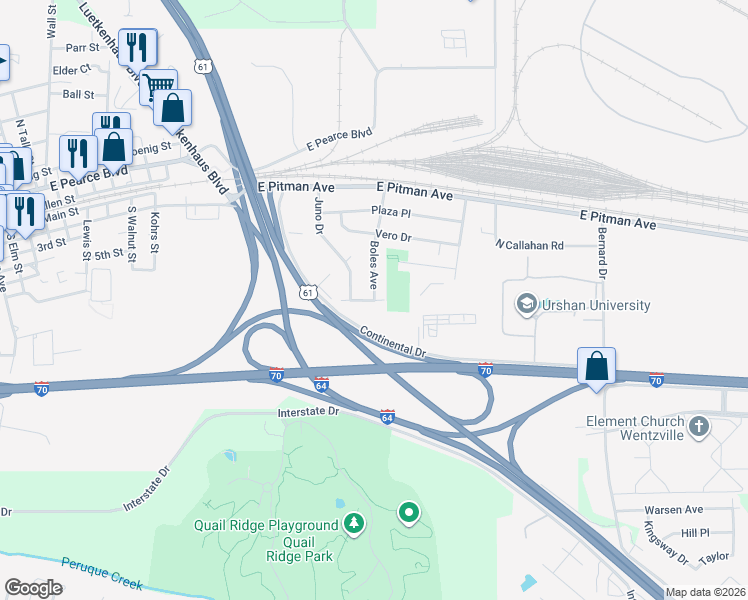 map of restaurants, bars, coffee shops, grocery stores, and more near 98 Boles Avenue in Wentzville