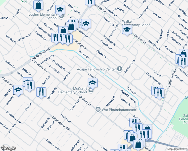 map of restaurants, bars, coffee shops, grocery stores, and more near 35 Manor Drive in Florissant