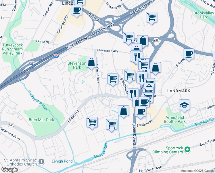 map of restaurants, bars, coffee shops, grocery stores, and more near 6101 Edsall Road in Alexandria