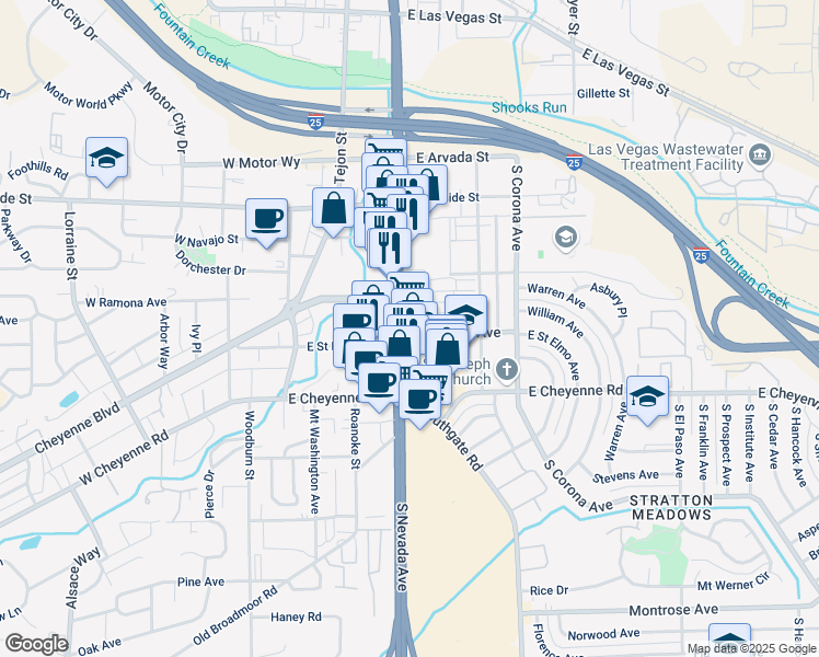 map of restaurants, bars, coffee shops, grocery stores, and more near 1725 South Nevada Avenue in Colorado Springs