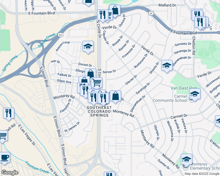 map of restaurants, bars, coffee shops, grocery stores, and more near 1611 Rushmore Drive in Colorado Springs