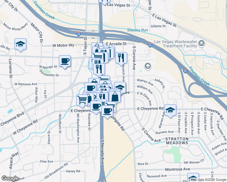 map of restaurants, bars, coffee shops, grocery stores, and more near in Colorado Springs