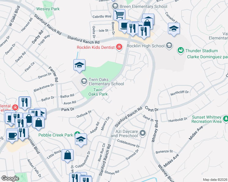map of restaurants, bars, coffee shops, grocery stores, and more near 957 Marvin Gardens Way in Rocklin