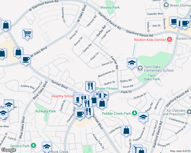 map of restaurants, bars, coffee shops, grocery stores, and more near 5833 Devon Drive in Rocklin