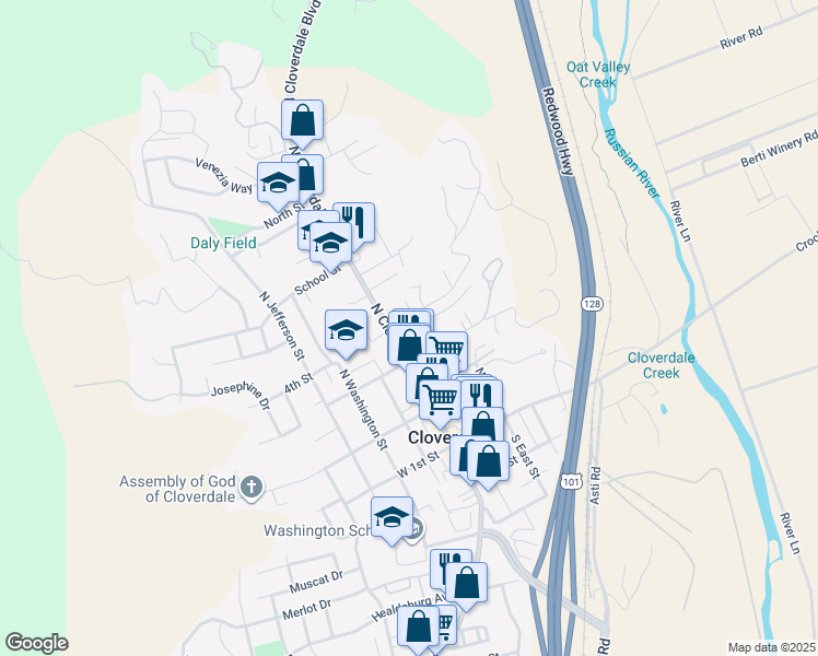 map of restaurants, bars, coffee shops, grocery stores, and more near 416 North Cloverdale Boulevard in Cloverdale