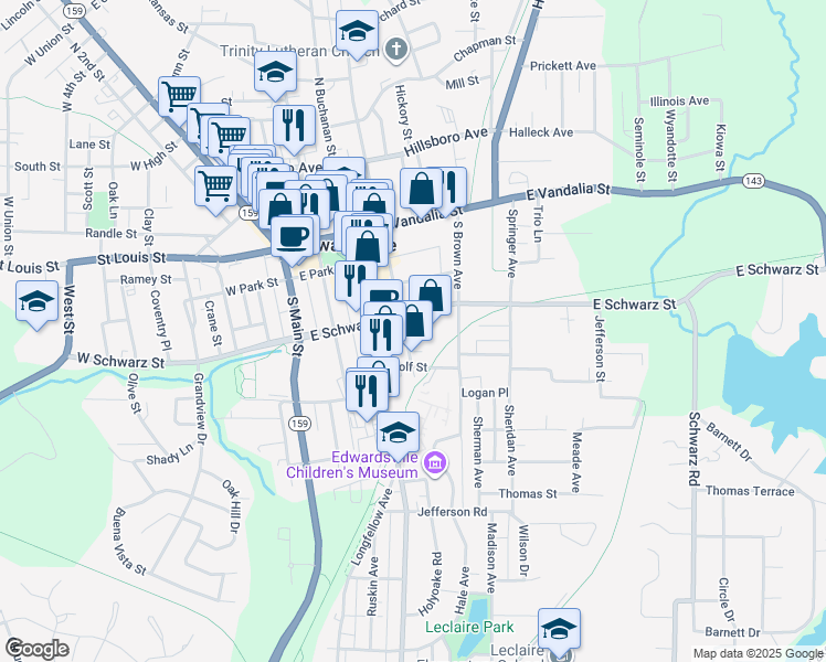 map of restaurants, bars, coffee shops, grocery stores, and more near 413 East Schwarz Street in Edwardsville