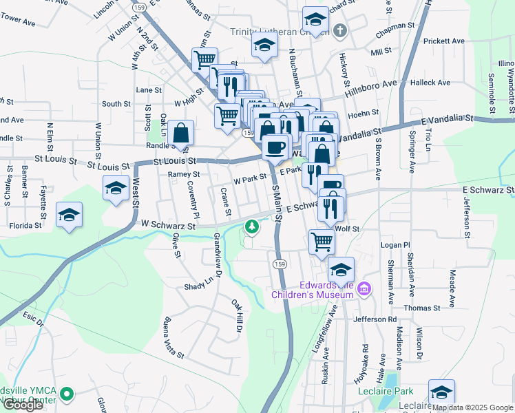 map of restaurants, bars, coffee shops, grocery stores, and more near 218 Monroe Street in Edwardsville