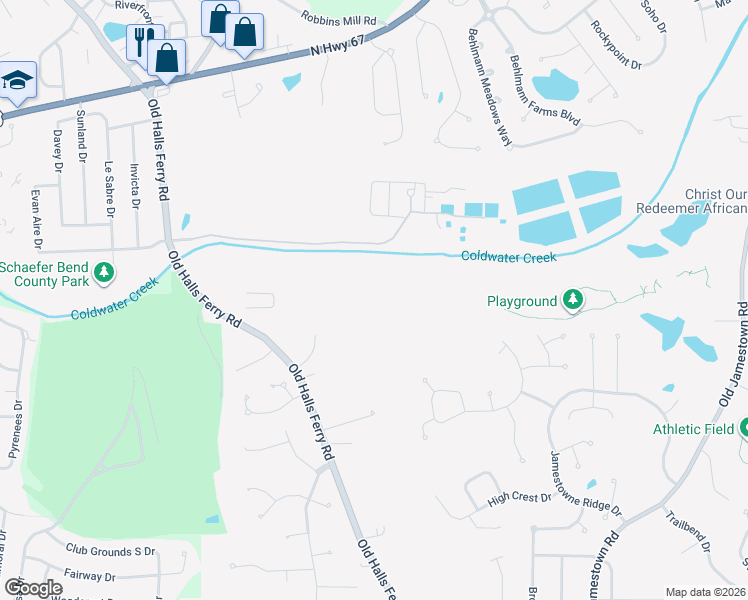 map of restaurants, bars, coffee shops, grocery stores, and more near 13630 Old Halls Ferry Road in Florissant