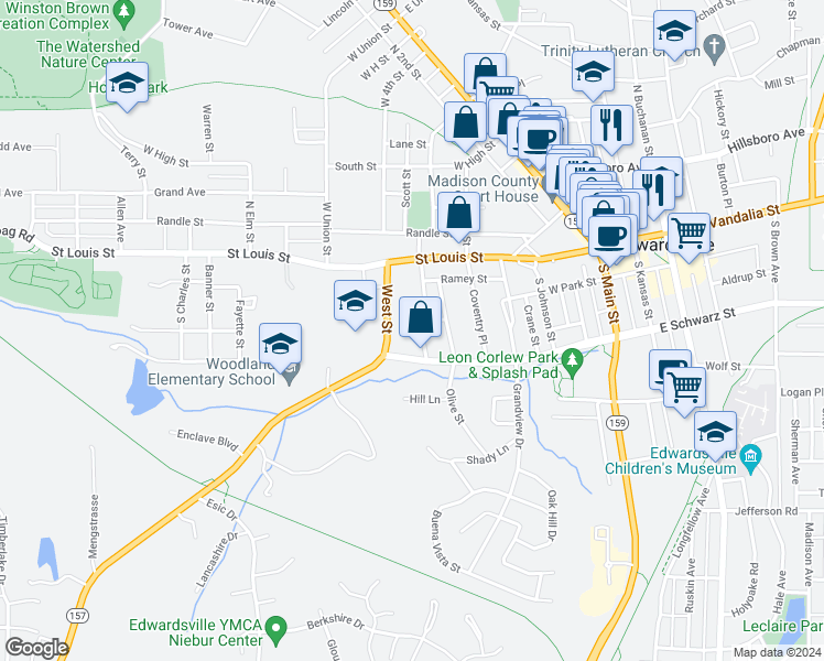 map of restaurants, bars, coffee shops, grocery stores, and more near 305 Pine Street in Edwardsville