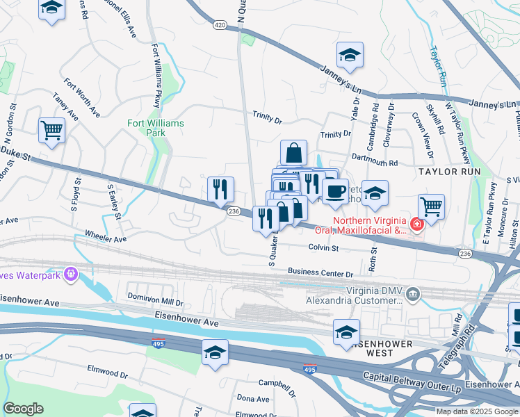 map of restaurants, bars, coffee shops, grocery stores, and more near 11 North Quaker Lane in Alexandria