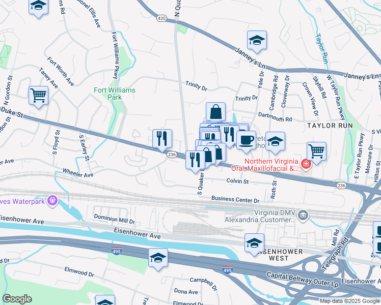 map of restaurants, bars, coffee shops, grocery stores, and more near 11 North Quaker Lane in Alexandria