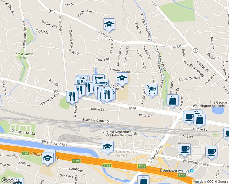 map of restaurants, bars, coffee shops, grocery stores, and more near 142 Cambridge Road in Alexandria