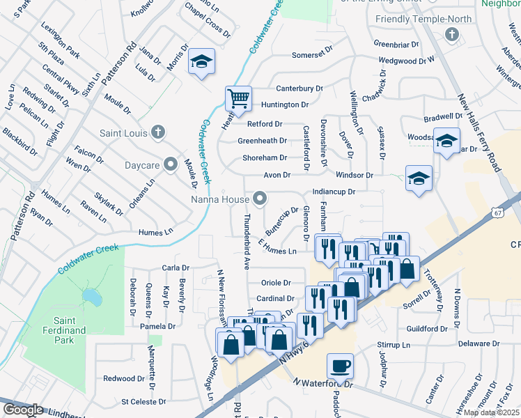 map of restaurants, bars, coffee shops, grocery stores, and more near 2265 Briarcrest Drive in Florissant