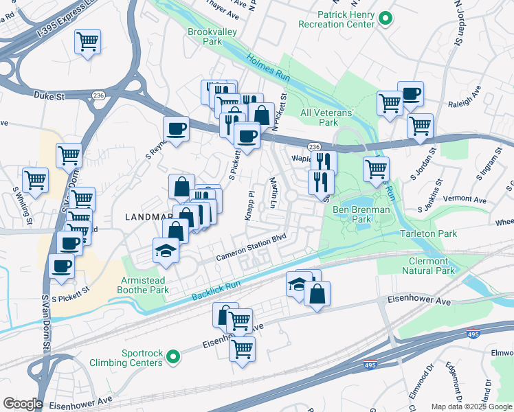 map of restaurants, bars, coffee shops, grocery stores, and more near 5112 Donovan Drive in Alexandria