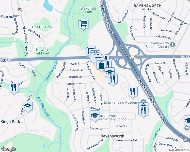 map of restaurants, bars, coffee shops, grocery stores, and more near 5219 Queensberry Avenue in Springfield