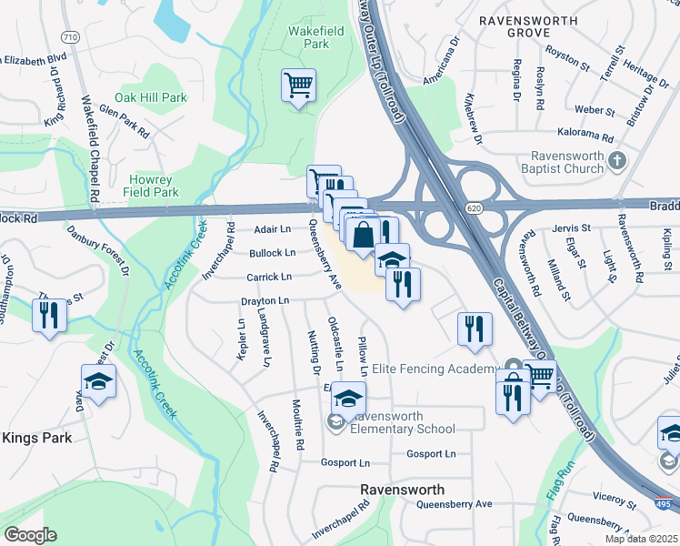 map of restaurants, bars, coffee shops, grocery stores, and more near 5219 Queensberry Avenue in Springfield