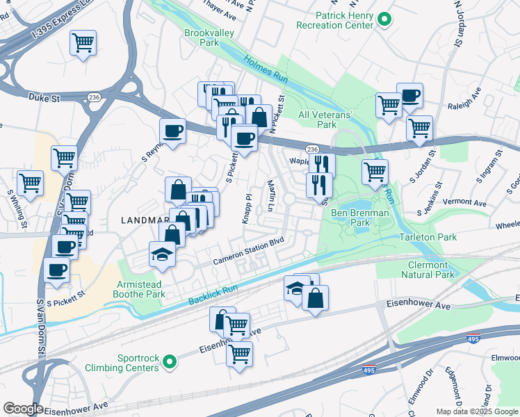 map of restaurants, bars, coffee shops, grocery stores, and more near 5090 Donovan Drive in Alexandria