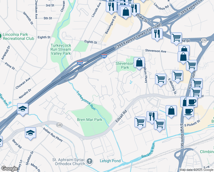 map of restaurants, bars, coffee shops, grocery stores, and more near 5255 Morning Mist Lane in Alexandria