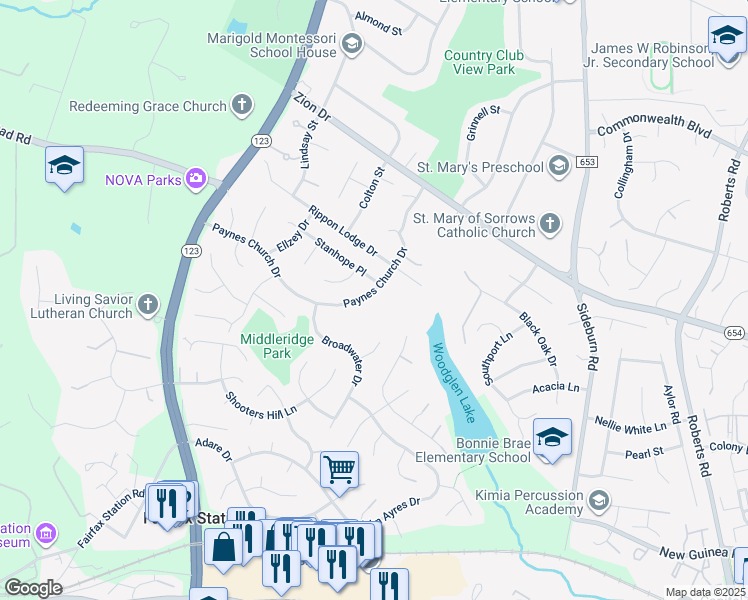 map of restaurants, bars, coffee shops, grocery stores, and more near 10805 Paynes Church Drive in Fairfax