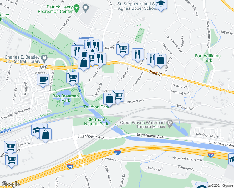 map of restaurants, bars, coffee shops, grocery stores, and more near 4322 Vermont Avenue in Alexandria