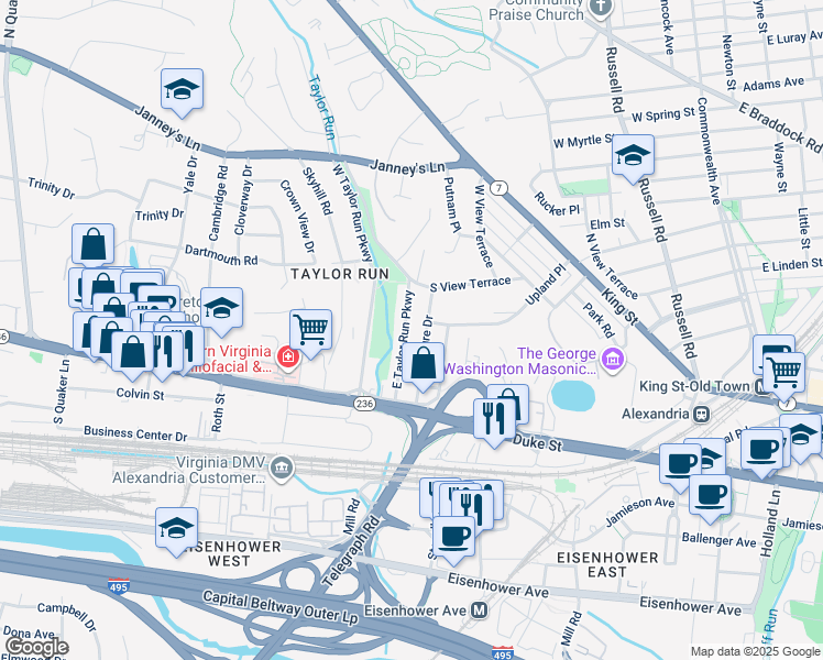 map of restaurants, bars, coffee shops, grocery stores, and more near 121 East Taylor Run Parkway in Alexandria