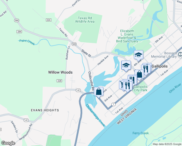 map of restaurants, bars, coffee shops, grocery stores, and more near 66 Chillicothe Road in Gallipolis