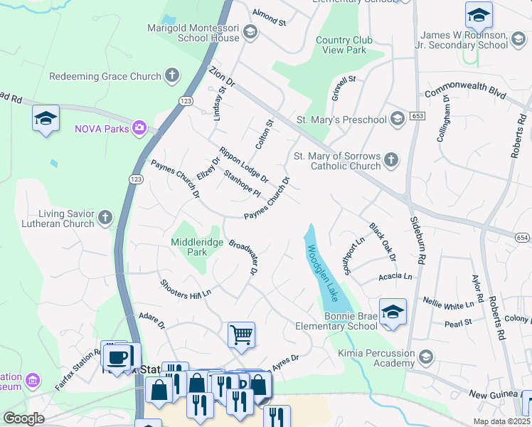 map of restaurants, bars, coffee shops, grocery stores, and more near 10805 Paynes Church Drive in Fairfax