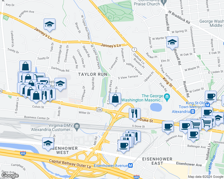 map of restaurants, bars, coffee shops, grocery stores, and more near 121 East Taylor Run Parkway in Alexandria
