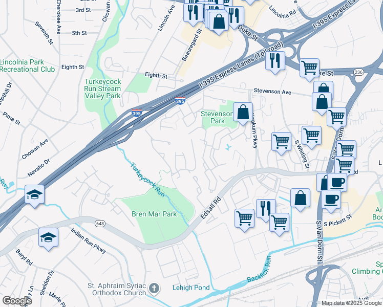 map of restaurants, bars, coffee shops, grocery stores, and more near 6234 Split Creek Lane in Alexandria