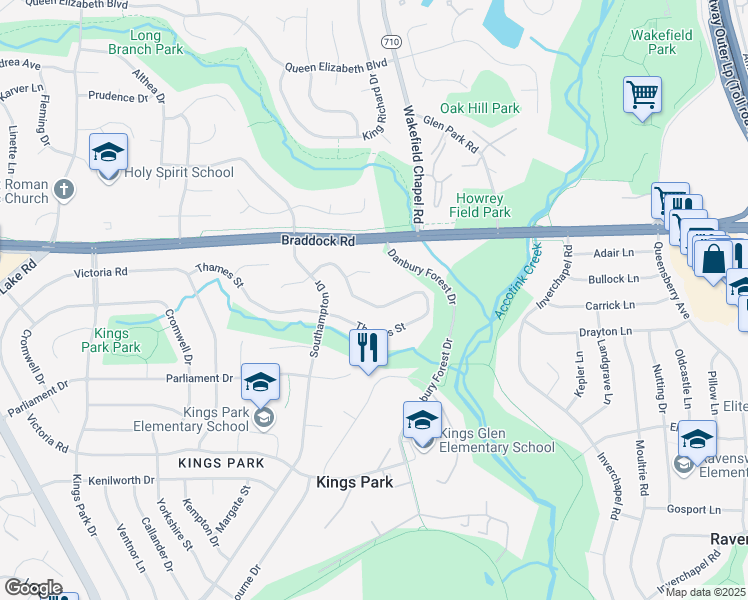 map of restaurants, bars, coffee shops, grocery stores, and more near 8425 Thames Street in Springfield