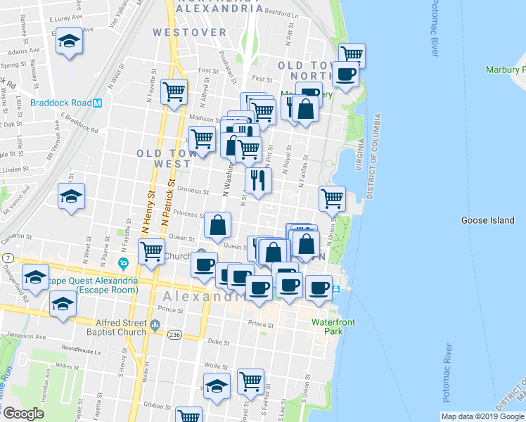 map of restaurants, bars, coffee shops, grocery stores, and more near 421 North Pitt Street in Alexandria