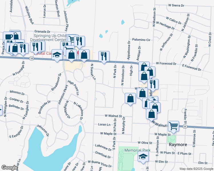 map of restaurants, bars, coffee shops, grocery stores, and more near 608 West Pine Street in Raymore