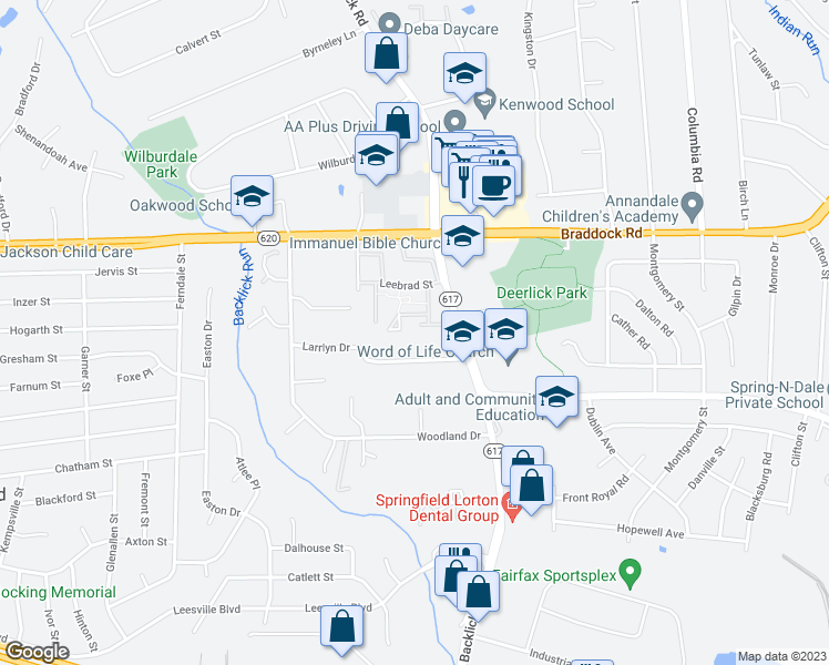 map of restaurants, bars, coffee shops, grocery stores, and more near 7033 Leestone Street in Springfield