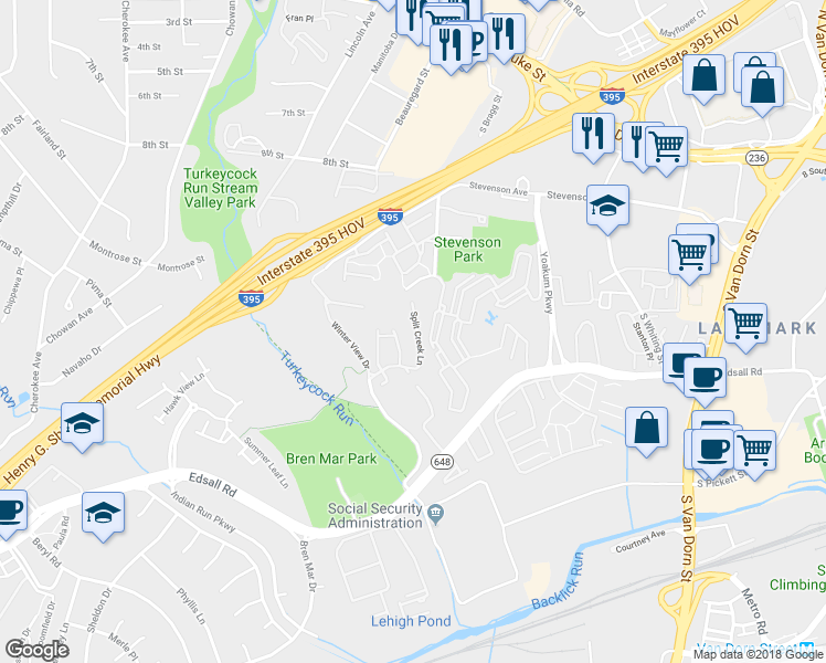 map of restaurants, bars, coffee shops, grocery stores, and more near 6234 Split Creek Lane in Alexandria