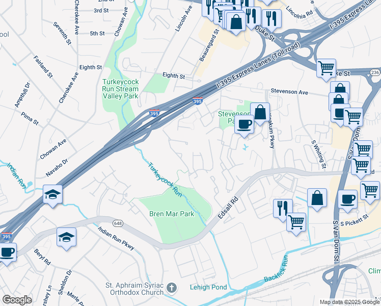map of restaurants, bars, coffee shops, grocery stores, and more near 5240 Cozy Glen Lane in Alexandria
