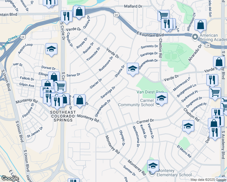 map of restaurants, bars, coffee shops, grocery stores, and more near 1531 Shasta Drive in Colorado Springs