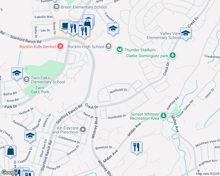 map of restaurants, bars, coffee shops, grocery stores, and more near 3355 Majestic Court in Rocklin