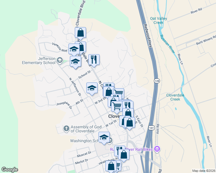 map of restaurants, bars, coffee shops, grocery stores, and more near 416 North Cloverdale Boulevard in Cloverdale