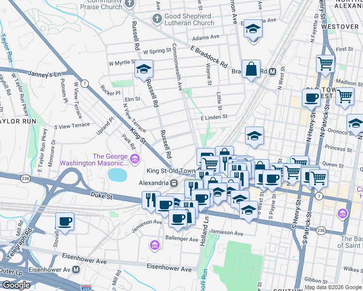 map of restaurants, bars, coffee shops, grocery stores, and more near 11 West Cedar Street in Alexandria