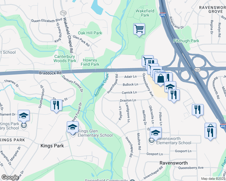 map of restaurants, bars, coffee shops, grocery stores, and more near 8132 Carrick Lane in Springfield