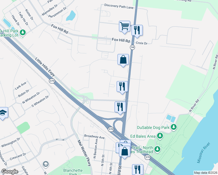 map of restaurants, bars, coffee shops, grocery stores, and more near in St. Charles