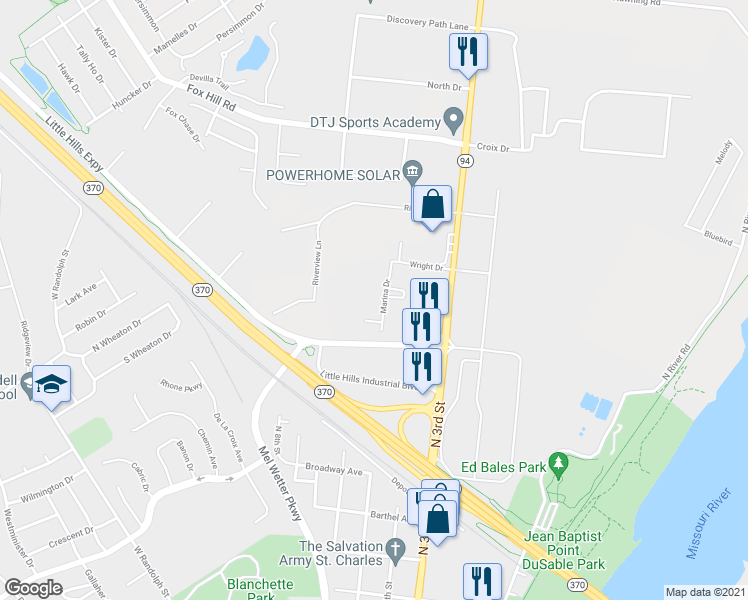 map of restaurants, bars, coffee shops, grocery stores, and more near 628 Marina Drive in Saint Charles