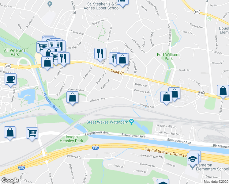 map of restaurants, bars, coffee shops, grocery stores, and more near 50 South French Street in Alexandria
